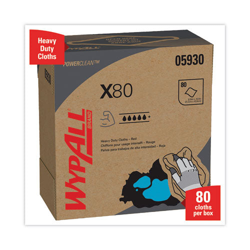 Image of WypAll® X80 Cloths, HYDROKNIT, POP-UP Box, 8.34 x 16.8, Red, 80/Box, 5 Box/Carton