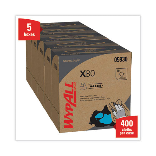Image of WypAll® X80 Cloths, HYDROKNIT, POP-UP Box, 8.34 x 16.8, Red, 80/Box, 5 Box/Carton
