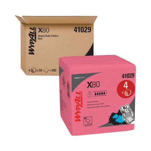Image of WypAll® Power Clean X80 Heavy Duty Cloths, 12.5 x 12, Red, 50/Box, 4 Boxes/Carton