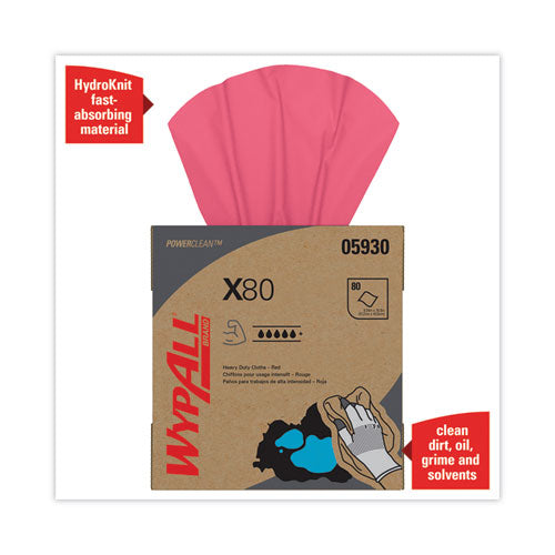 Image of WypAll® X80 Cloths, HYDROKNIT, POP-UP Box, 8.34 x 16.8, Red, 80/Box, 5 Box/Carton
