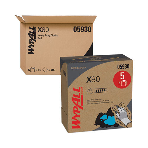 Image of WypAll® X80 Cloths, HYDROKNIT, POP-UP Box, 8.34 x 16.8, Red, 80/Box, 5 Box/Carton