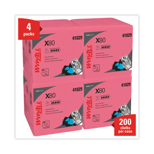 Image of WypAll® Power Clean X80 Heavy Duty Cloths, 12.5 x 12, Red, 50/Box, 4 Boxes/Carton