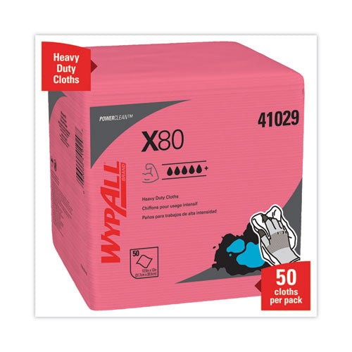 Image of WypAll® Power Clean X80 Heavy Duty Cloths, 12.5 x 12, Red, 50/Box, 4 Boxes/Carton