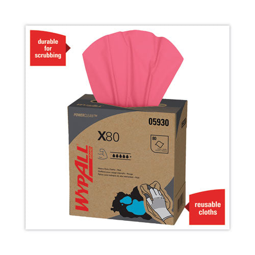 Image of WypAll® X80 Cloths, HYDROKNIT, POP-UP Box, 8.34 x 16.8, Red, 80/Box, 5 Box/Carton