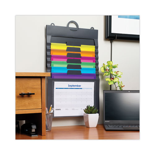 Image of Smead Cascading Wall Organizer, 6 Sections, Letter Size, 14.25 x 24.25, Gray, Neon Green, Neon Orange, Neon Pink, Purple, Yellow