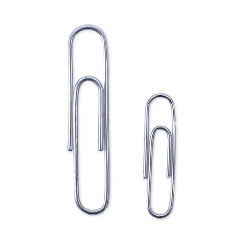 Image of Universal® Plastic-Coated Paper Clips with Two-Compartment Dispenser Tub, (750) #2 Clips, (250) Jumbo Clips, Silver