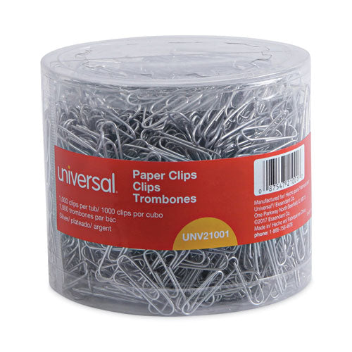 Image of Universal® Plastic-Coated Paper Clips with Two-Compartment Dispenser Tub, (750) #2 Clips, (250) Jumbo Clips, Silver