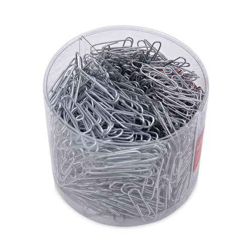 Image of Universal® Plastic-Coated Paper Clips with Two-Compartment Dispenser Tub, (750) #2 Clips, (250) Jumbo Clips, Silver