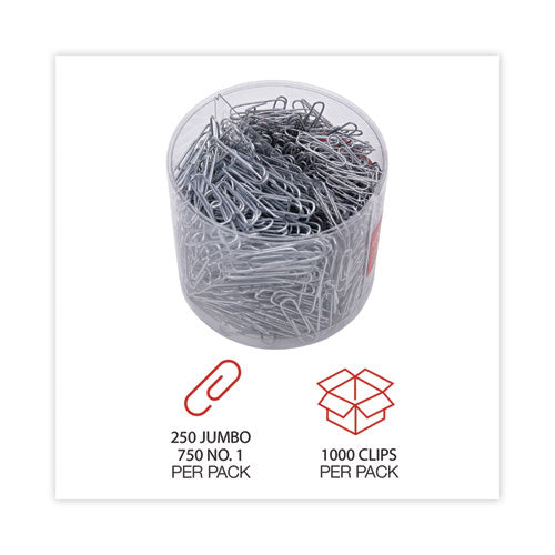 Image of Universal® Plastic-Coated Paper Clips with Two-Compartment Dispenser Tub, (750) #2 Clips, (250) Jumbo Clips, Silver