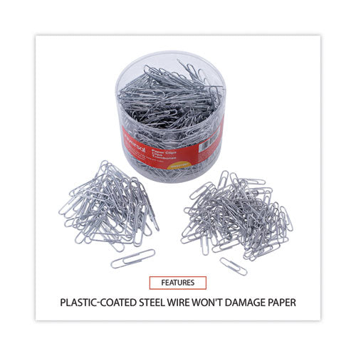 Image of Universal® Plastic-Coated Paper Clips with Two-Compartment Dispenser Tub, (750) #2 Clips, (250) Jumbo Clips, Silver