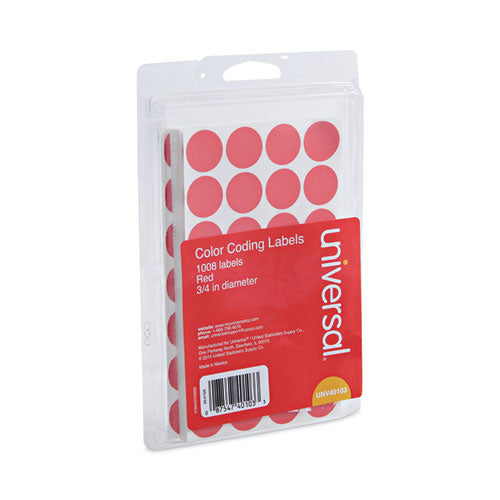 Image of Universal® Self-Adhesive Removable Color-Coding Labels, 0.75" dia, Red, 28/Sheet, 36 Sheets/Pack