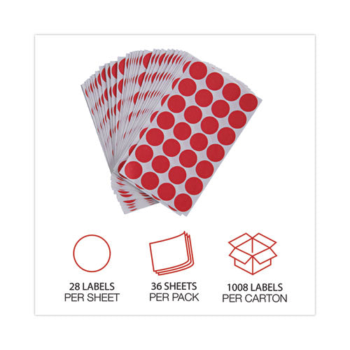 Image of Universal® Self-Adhesive Removable Color-Coding Labels, 0.75" dia, Red, 28/Sheet, 36 Sheets/Pack