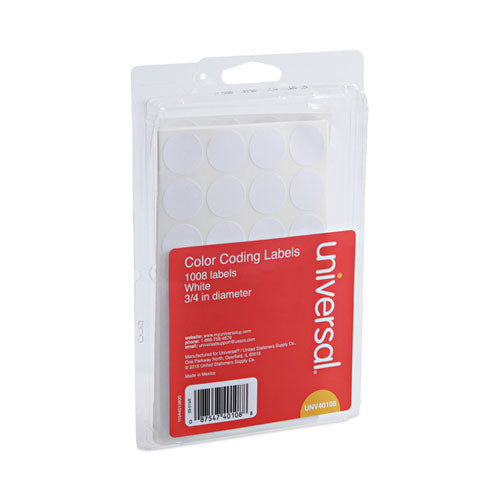 Image of Universal® Self-Adhesive Removable Color-Coding Labels, 0.75" dia, White, 28/Sheet, 36 Sheets/Pack