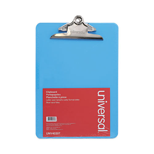 Image of Universal® Plastic Clipboard with High Capacity Clip, 1.25" Clip Capacity, Holds 8.5 x 11 Sheets, Translucent Blue
