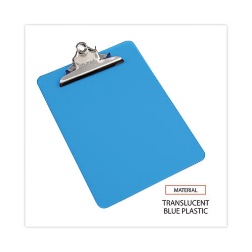 Image of Universal® Plastic Clipboard with High Capacity Clip, 1.25" Clip Capacity, Holds 8.5 x 11 Sheets, Translucent Blue