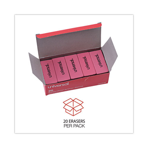 Image of Universal® Bevel Block Erasers, For Pencil Marks, Slanted-Edge Rectangular Block, Large, Pink, 20/Pack