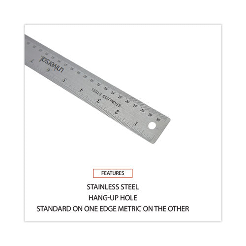 Image of Universal® Stainless Steel Ruler With Cork Back And Hanging Hole, Standard/metric, 12" Long