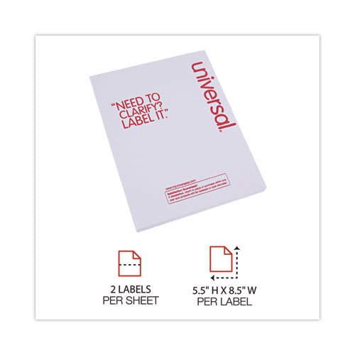 Image of Universal® White Labels, Inkjet/laser Printers, 5.5 X 8.5, White, 2/sheet, 100 Sheets/pack