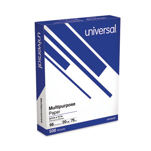 Image of Universal® Deluxe Multipurpose Paper, 98 Bright, 20lb Bond Weight, 8.5 x 11, Bright White, 500/Ream, 10 Reams/Carton, 40 Cartons/Pallet