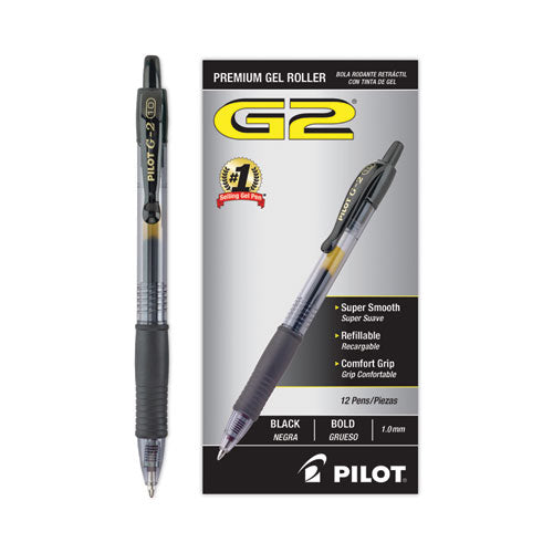 Image of Pilot® G2 Premium Gel Pen, Retractable, Bold 1 mm, Black Ink, Smoke/Black Barrel, Dozen