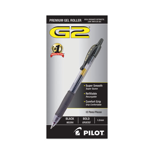 Image of Pilot® G2 Premium Gel Pen, Retractable, Bold 1 mm, Black Ink, Smoke/Black Barrel, Dozen