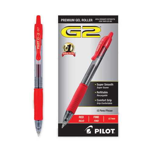 Image of Pilot® G2 Premium Gel Pen, Retractable, Fine 0.7 mm, Red Ink, Smoke/Red Barrel, Dozen