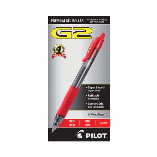 Image of Pilot® G2 Premium Gel Pen, Retractable, Fine 0.7 mm, Red Ink, Smoke/Red Barrel, Dozen