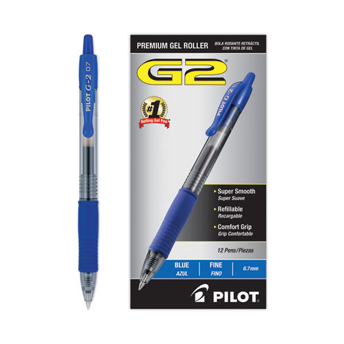 Image of Pilot® G2 Premium Gel Pen, Retractable, Fine 0.7 mm, Blue Ink, Smoke/Blue Barrel, 12/Pack