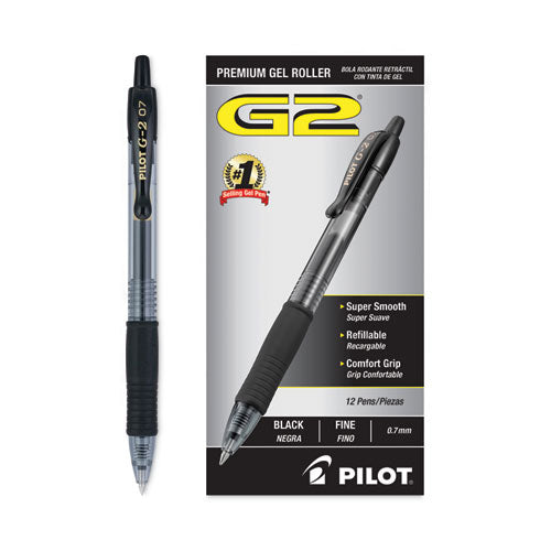 Image of Pilot® G2 Premium Gel Pen, Retractable, Fine 0.7 mm, Black Ink, Smoke/Black Barrel, Dozen