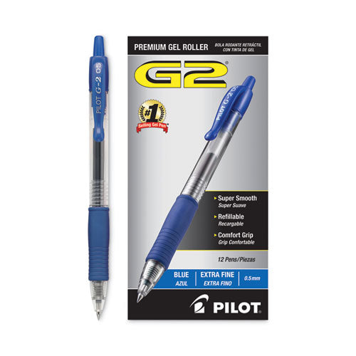 Image of Pilot® G2 Premium Gel Pen, Retractable, Extra-Fine 0.5 mm, Blue Ink, Smoke/Blue Barrel, Dozen