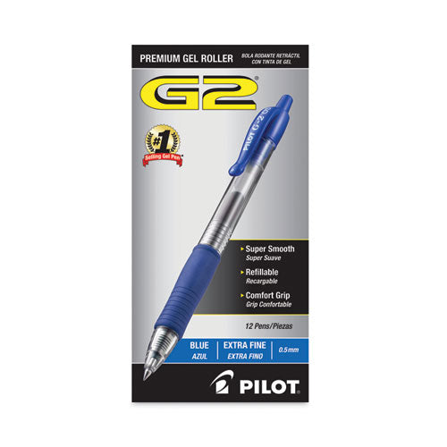 Image of Pilot® G2 Premium Gel Pen, Retractable, Extra-Fine 0.5 mm, Blue Ink, Smoke/Blue Barrel, Dozen