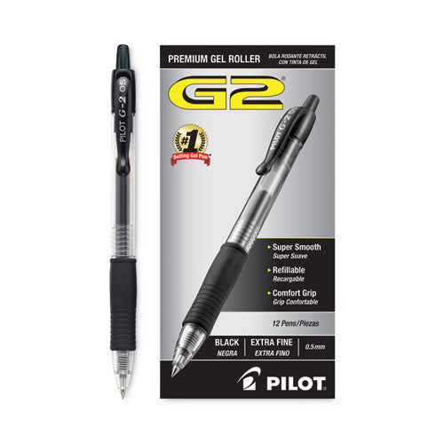 Image of Pilot® G2 Premium Gel Pen, Retractable, Extra-Fine 0.5 mm, Black Ink, Smoke/Black Barrel, Dozen
