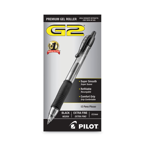 Image of Pilot® G2 Premium Gel Pen, Retractable, Extra-Fine 0.5 mm, Black Ink, Smoke/Black Barrel, Dozen