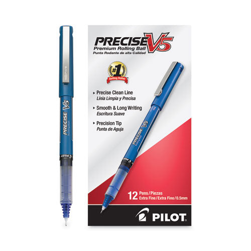 Image of Pilot® Precise V5 Rollerball Pen, Stick, Extra-Fine 0.5 mm, Blue Ink, Blue/Clear Barrel, Dozen