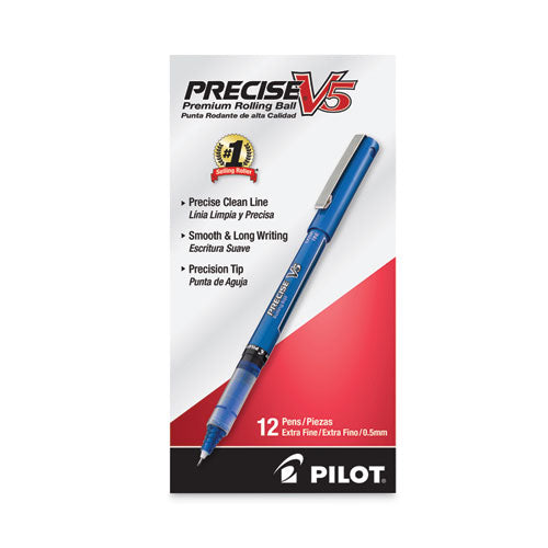 Image of Pilot® Precise V5 Rollerball Pen, Stick, Extra-Fine 0.5 mm, Blue Ink, Blue/Clear Barrel, Dozen
