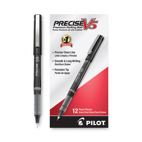 Image of Pilot® Precise V5 Rollerball Pen, Stick, Extra-Fine 0.5 mm, Black Ink, Black/Clear Barrel, Dozen