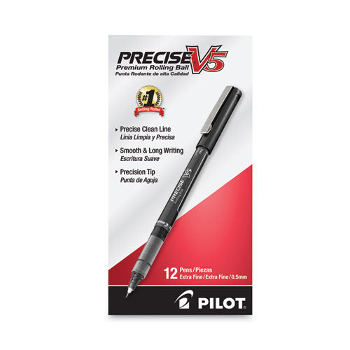 Image of Pilot® Precise V5 Rollerball Pen, Stick, Extra-Fine 0.5 mm, Black Ink, Black/Clear Barrel, Dozen