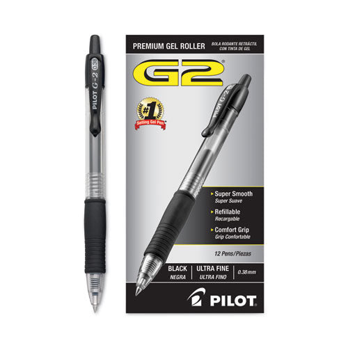 Image of Pilot® G2 Premium Gel Pen Convenience Pack, Retractable, Extra-Fine 0.38 mm, Black Ink, Smoke/Black Barrel, Dozen