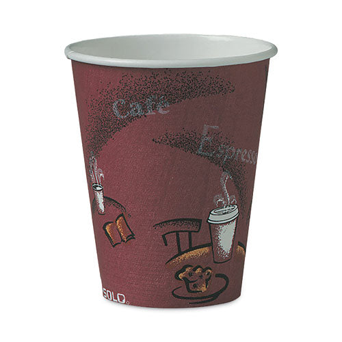 Image of SOLO® Paper Hot Drink Cups in Bistro Design, 8 oz, Maroon, 50/Bag, 20 Bags/Carton
