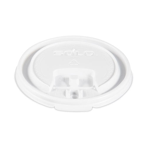 Image of SOLO® Lift Back and Lock Tab Lids for Paper Cups, Fits 8 oz Hot Cups, Plastic, White, 100/Sleeve, 10 Sleeves/Carton