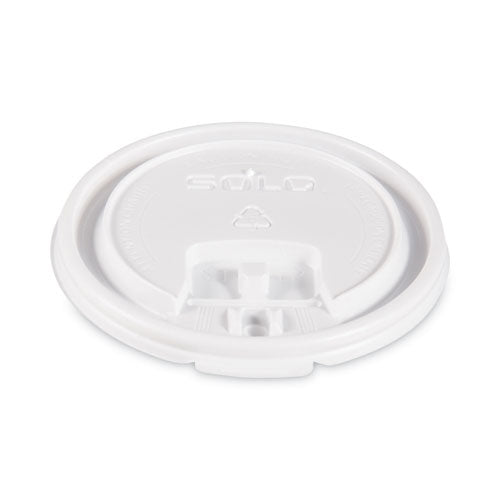 Image of SOLO® Lift Back and Lock Tab Lids for Paper Cups, Fits 10 oz Hot Cups, Plastic, White, 100/Sleeve, 10 Sleeves/Carton