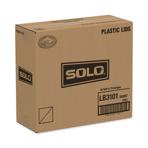 Image of SOLO® Lift Back and Lock Tab Lids for Paper Cups, Fits 10 oz Hot Cups, Plastic, White, 100/Sleeve, 10 Sleeves/Carton