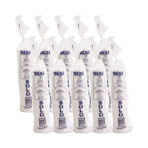 Image of SOLO® Lift Back and Lock Tab Lids for Paper Cups, Fits 10 oz Hot Cups, Plastic, White, 100/Sleeve, 10 Sleeves/Carton