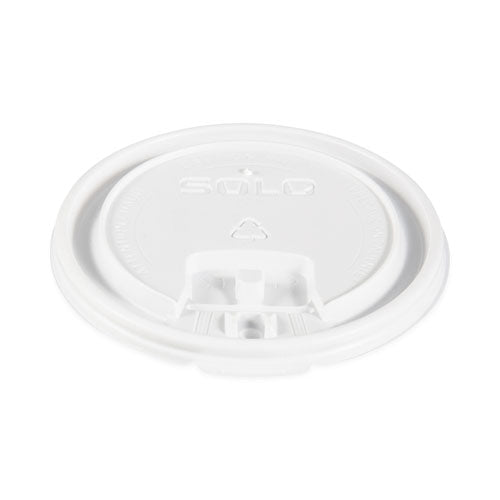 Image of SOLO® Lift Back and Lock Tab Lids for Paper Cups, Fits 10 oz to 24 oz Hot Cups, Plastic, White, 100/Sleeve, 10 Sleeves/Carton