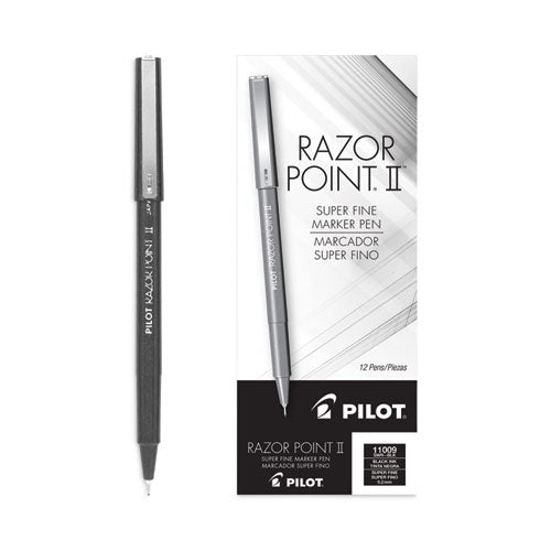 Image of Pilot® Razor Point II Super Fine Line Porous Point Pen, Stick, Super-Fine 0.2 mm, Black Ink, Black Barrel, Dozen
