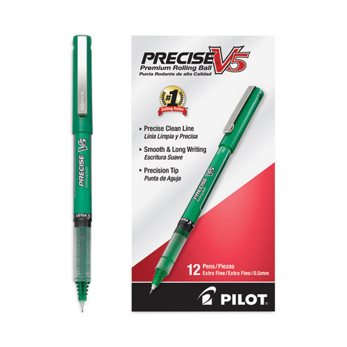 Image of Pilot® Precise V5 Rollerball Pen, Stick, Extra-Fine 0.5 mm, Green Ink, Green/Clear Barrel, Dozen