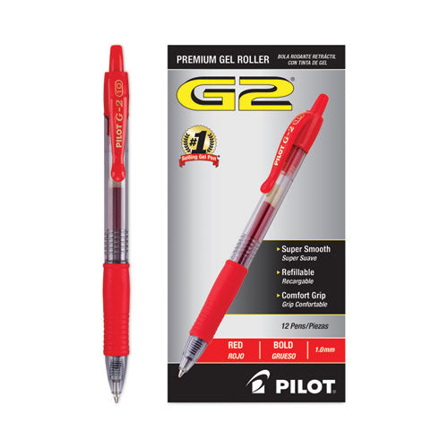 Image of Pilot® G2 Premium Gel Pen, Retractable, Bold 1 mm, Red Ink, Smoke/Red Barrel, Dozen