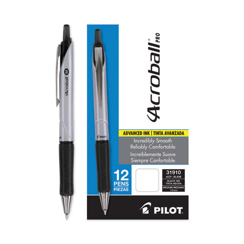 Image of Pilot® Acroball Pro Advanced Ink Hybrid Gel Pen, Retractable, Medium 1 mm, Black Ink, Silver/Black Barrel, Dozen