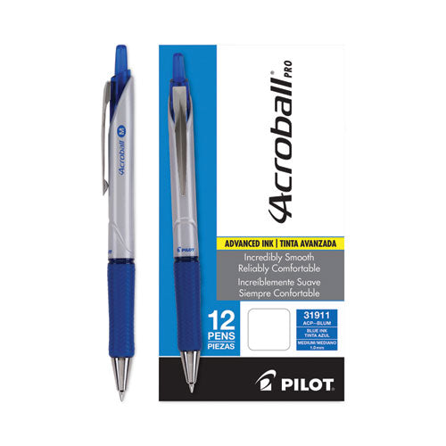 Image of Pilot® Acroball Pro Advanced Ink Hybrid Gel Pen, Retractable, Medium 1 mm, Blue Ink, Silver/Blue Barrel, Dozen