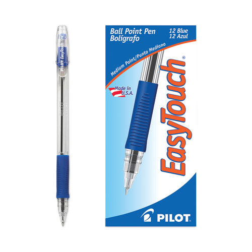 Image of Pilot® EasyTouch Ballpoint Pen, Stick, Medium 1 mm, Blue Ink, Clear/Blue Barrel, Dozen